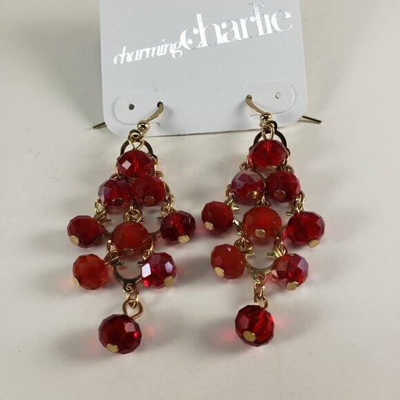Charming Charlie Red Chandelier Beaded Earrings – Gold Cascade - Fashion Jewelry - Picture 4 of 11